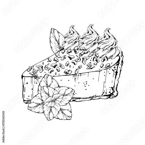 Cheesecake slice, souffle torte with mint garnish, nut crumble topping, and whipped cream swirls. Vector ink dessert artwork. Cookbook illustrations, culinary sticker sheets, recipe card layouts.