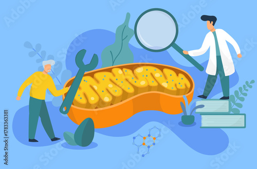 old man and doctor trying to repair mitochondria
