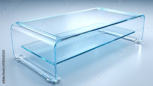 A contemporary transparent acrylic coffee table featuring two distinct shelves is presented in a clean, well lit studio environment. The smooth, curved design reflects light beautifully.