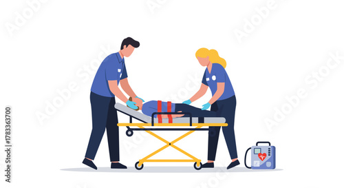 Paramedics attend to an injured patient on a stretcher providing emergency medical care.