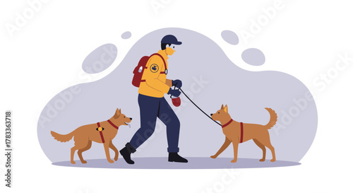 Man Walking Two Dogs with Backpack and Water Bottle.