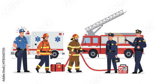 Emergency responders team at a scene with ambulance and fire truck.