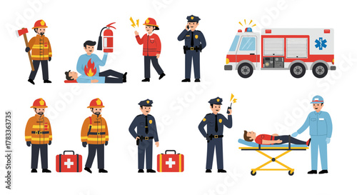 Emergency Services Personnel and Vehicles in Action.