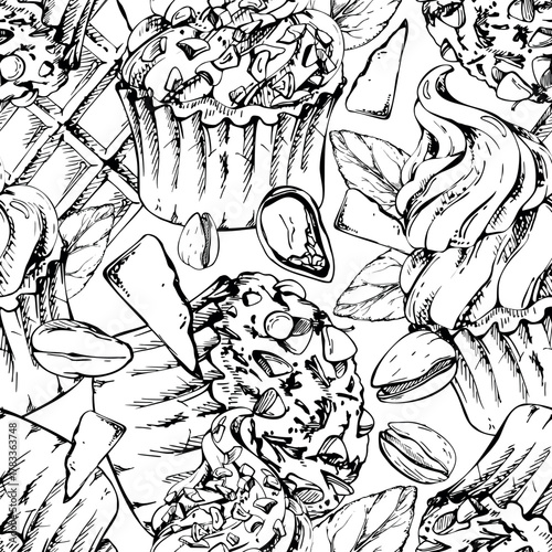 Pistachio-topped muffins, cocoa and mint cream cupcakes with chocolate bar garnish. Isolated hand drawn dessert in vector ink. Seamless patterns for packaging, menu designs, and food blog graphics.