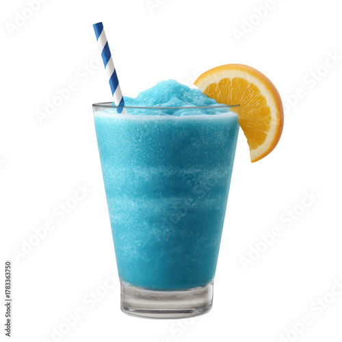 Blue slush drink with striped straw and orange slice garnish, refreshing frozen beverage in clear glass, vibrant color, summer party vibe, isolated on transparency background