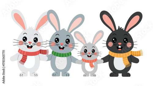 Bunny Family: A group of friendly, hand-holding bunnies stands together in a display of unity and affection. Dressed in charming scarves, they radiate warmth and togetherness.