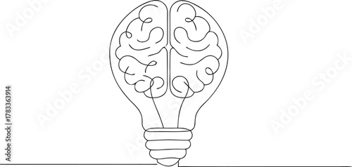 Black and white line art brain light bulb idea thinking