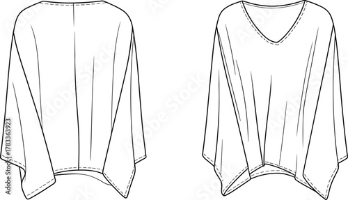 Trendy women poncho top flat fashion sketch, loose fit kaftan blouse vector template, stylish clothing design CAD illustration
