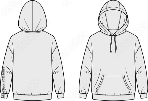 Unisex hoodie CAD flat vector illustration, front and back technical fashion sketch, blank clothing template, streetwear apparel mockup, garment design pattern