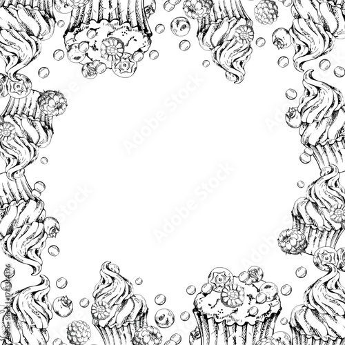 Cupcakes and muffins crowned with fresh blueberries, bilberries, raspberries, whipped cream, candy bonbon frosting. Hand drawn isolated border illustration. Decorative frame art, bakery tag edging.