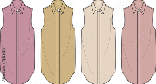 Set of sleeveless button-down shirt technical drawings. Women's blouse fashion flat sketch template in multiple colorways for CAD design