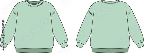 Oversized sweatshirt flat sketch vector, unisex crewneck pullover CAD drawing, baggy sweater fashion template, apparel design illustration