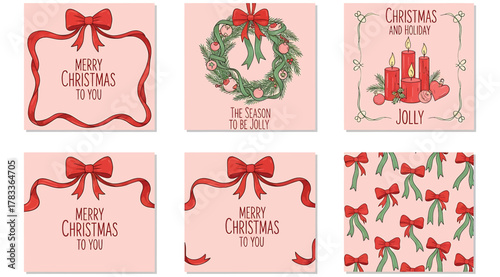 Christmas Card Set – Pink Holiday Designs Featuring Red Bows, Green Wreaths, Candles, Holly, and Festive Messages – Square Layout for Seasonal Greetings, Stationery, Gift Tags & Decorative Use
