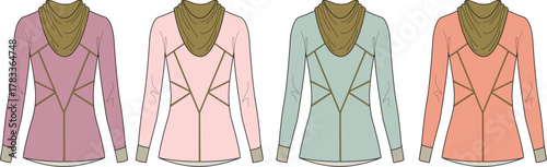 Concept of stylish women's long-sleeve tops showcasing diverse color palettes and modern design details for apparel collections, perfect for fashion inspiration