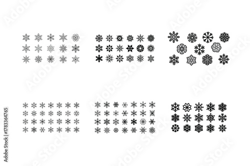 Collection of simple snowflake silhouettes, modern geometric vector shapes, isolated icons