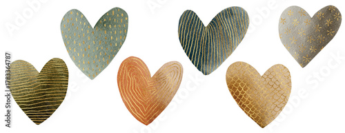 Vector Freehand Elegant watercolor hearts with golden patterns and textures. For wedding invitations, cards, posters, packaging, digital art. Hand drawn watercolour heart. Gold.