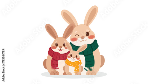 Cozy Bunny Family Portrait: A charming illustration depicts a family of adorable bunnies, bundled up in cozy scarves, radiating warmth and affection against the simple background.