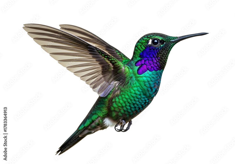 Fototapeta premium Vibrant Iridescent Green and Purple Hummingbird in Flight, a stunning tropical wildlife marvel isolated on transparent background, showcasing its delicate wings and striking plumage.