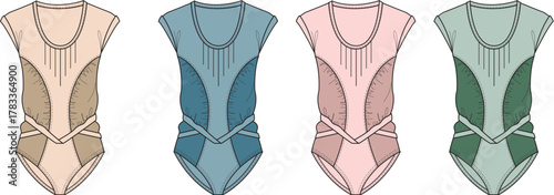 Fashionable women's leotards in four distinct color options, showcasing elegant design and comfortable fit for active lifestyles and performance wear