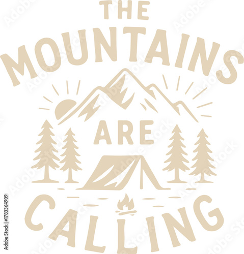 A picturesque outdoor scene, a vintage-style design featuring majestic mountains, inviting a sense of adventure and tranquility.