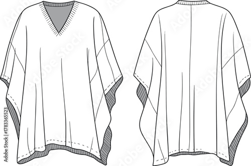 Stylish women poncho top flat fashion sketch, V neck loose blouse vector, apparel CAD drawing clothing design template illustration