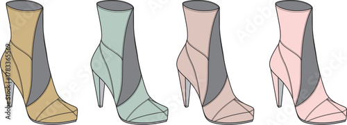 A stylish collection of women's high-heeled ankle boots in four pastel color variations. Modern fashion footwear vector illustration concept