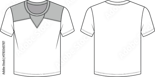 Men’s V-neck T-shirt flat fashion CAD sketch with contrast yoke panel, short sleeve apparel technical drawing template vector