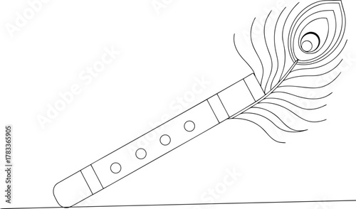 Black and white line drawing of a flute with a peacock feather