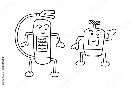 This is a doodle art vector image of a dynamo and fire extinguisher icon, suitable for icon design, logo, content, mascot, coloring, idea, concept, electronics, poster, banner, flyer, t-shirt, unique,