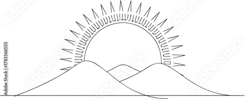 Black and white line drawing of sun rising over hills