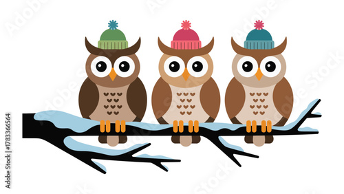 Owls on Wintery Branch: Adorable trio of owls perches on a snow-covered branch. Each owl sporting a colorful winter hat. capturing the coziness of a winter day.