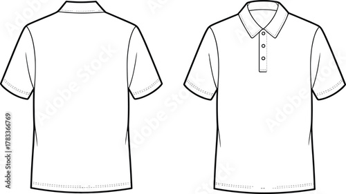 Men polo t-shirt flat vector illustration, short sleeve fashion CAD drawing, front and back clothing technical sketch template