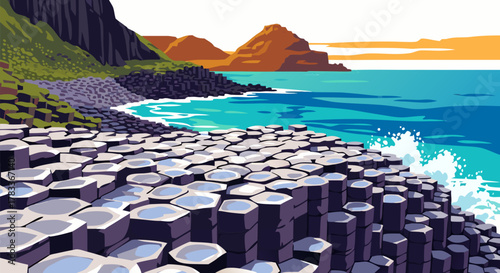 Pixel Art Coastal Landscape Giant's Causeway with Hexagonal Basalt Columns