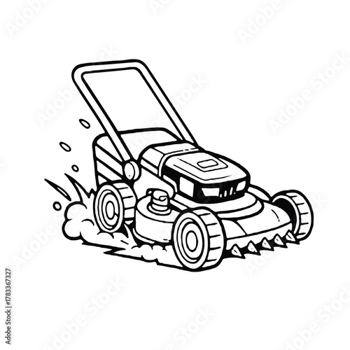 🚜 Outline Cartoon Illustration of a Push Lawn Mower Cutting Grass