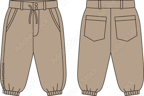 Jogger pants fashion flat sketch vector, front and back view, casual cargo joggers technical drawing, unisex trousers design template