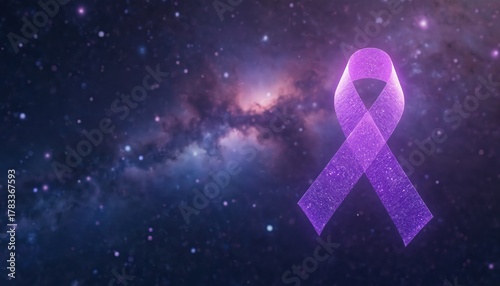Wallpaper Mural Purple ribbon glows against a cosmic galaxy backdrop. This symbolizes awareness and support for various causes. Its a digital render with space background conveys hope and solidarity in universe. Torontodigital.ca