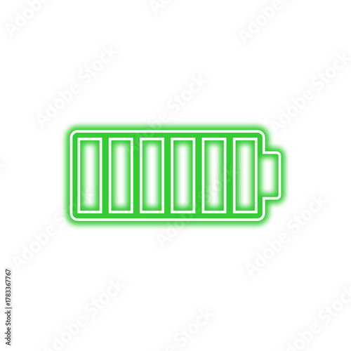 A glowing green battery icon with a full charge, depicted with a neon effect on a transparent background.