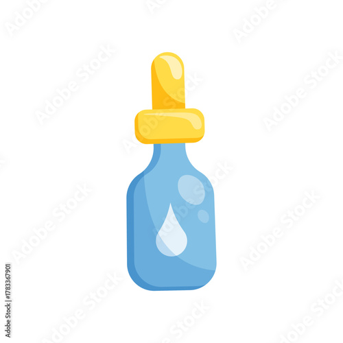 Isolated eye, nose, ear drops bottle with pipette on transparent background. Medical liquid. Pharmacy decorations. Flat style. Design for medical theme, advertising, posters. Vector illustration. 