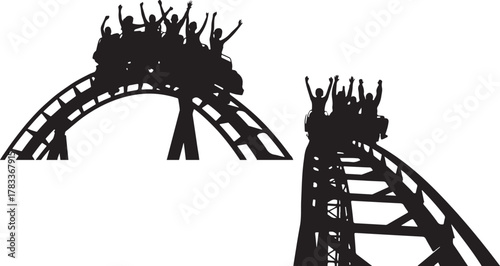Thrilling roller coaster ride cresting a hill
