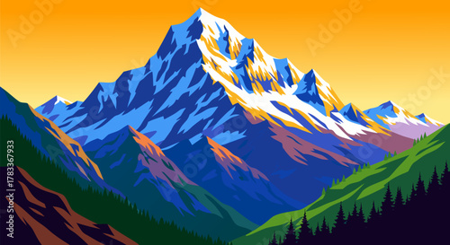Majestic Mountain Range A Vibrant Illustration of Towering Peaks under a Golden Sunset Sky