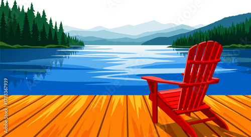 A Serene Lakeside Getaway Red Adirondack Chair on Wooden Deck with Mountain Views