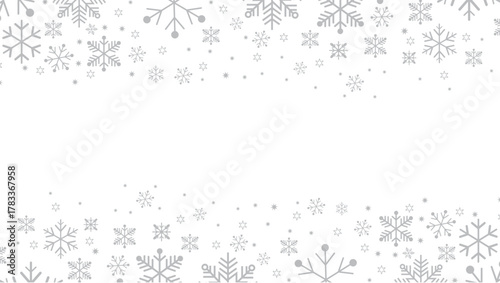 Festive snowflake border design with gray snowflakes and stars on top and bottom edges. Blank white center for text. Perfect for winter-themed invitations, cards, and seasonal templates.