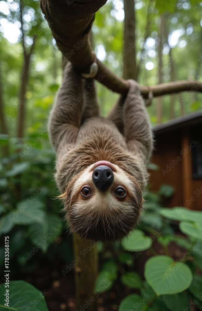 Obraz premium Funny sloth hangs upside down on tree branch looking at camera. Cute mammal shows tongue in rainforest. Wild animal hangs on wooden branch in wildlife sanctuary park.