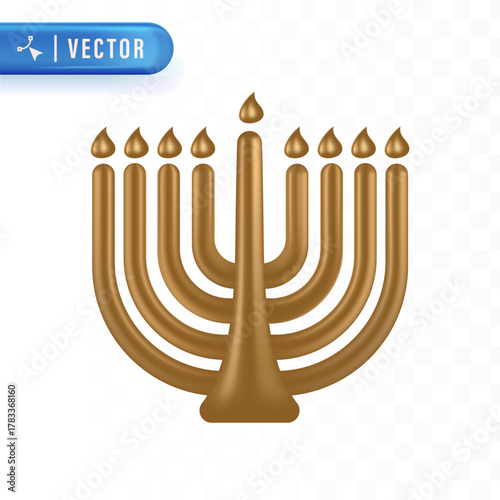 Golden menorah candle holder with bright flames symbolizing the Jewish Hanukkah festival of light celebration. Hanukkah Element