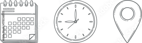 Hand drawn icons representing calendar time and location planning