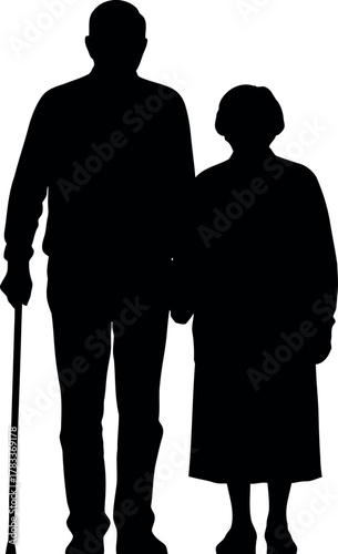 Elderly couple silhouetted against a white background holding hands
