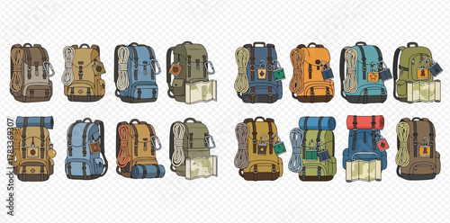 A diverse collection of stylized backpacks in various colors and designs, suitable for hiking and travel adventures.