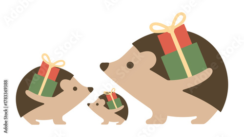 Hedgehog Family Gift: Three adorable hedgehogs, symbolizing a family, joyfully carry gifts, ready to spread cheer and warmth. This image celebrates togetherness, love, and the spirit of giving.