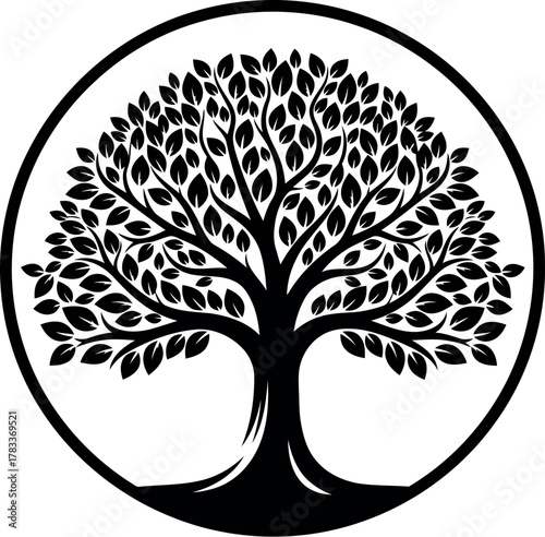 Stylized oval silhouette of a lush tree with detailed branches