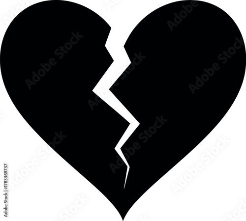 Black silhouette of a broken heart symbol on white background
